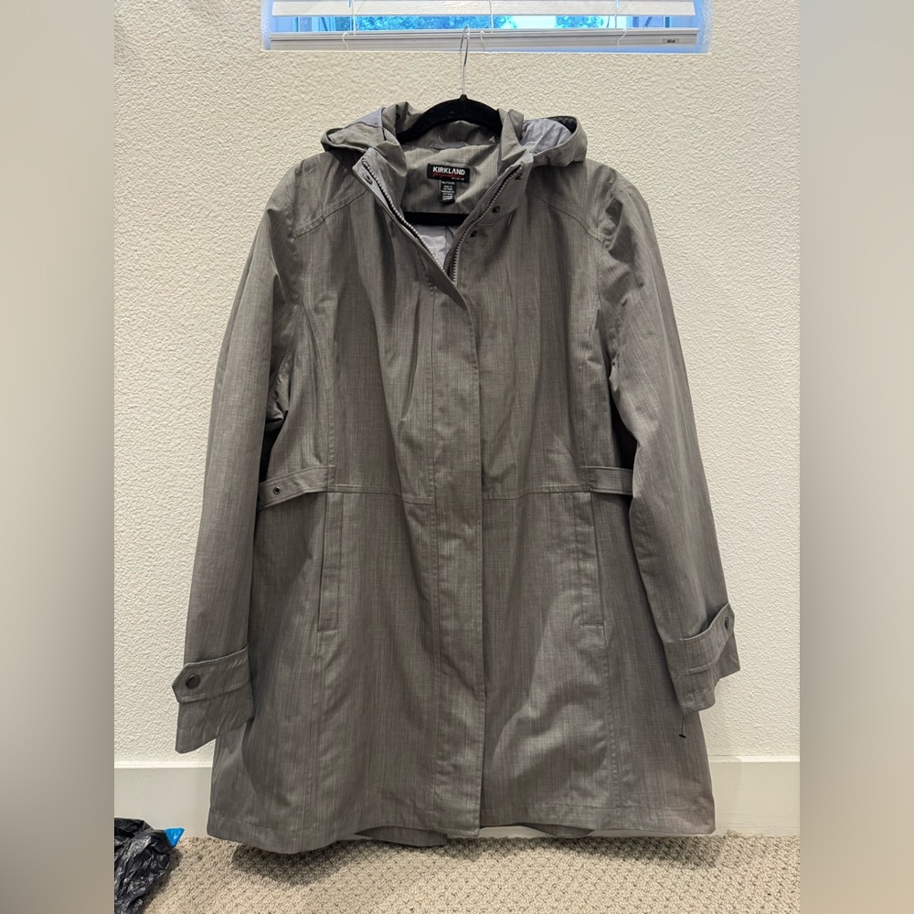 Kirkland Signature women's hooded water-resistant trench coat in grey